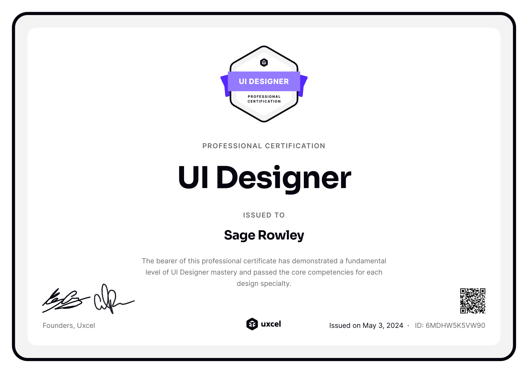 Sage Rowley's certificate